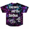 Back view of splatter print jersey with stacked festival lineup style text graphics in white