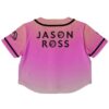 Back view of the pink gradient rave crop top with a bold festival text design