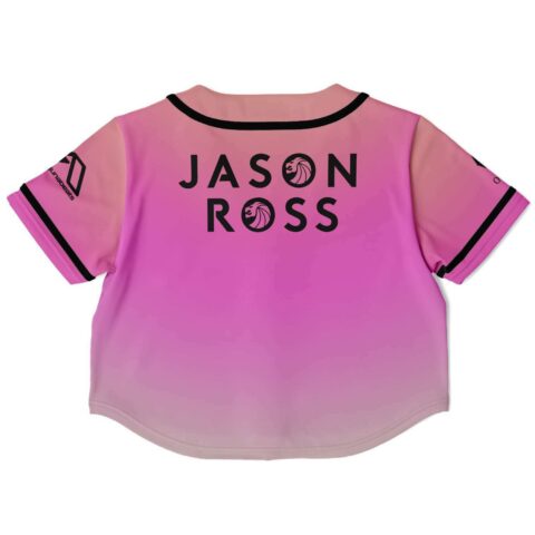 Back view of pink gradient crop top featuring bold festival text design.