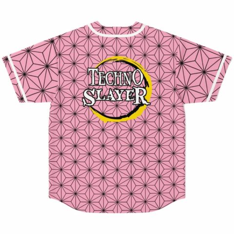 Techno Slayer text back print on pink asanoha jersey with yellow circle
