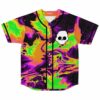 Neon acid marble rave baseball jersey front view with white skull patch on chest
