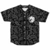 Black paisley bandana print baseball jersey with white lion and AB logo, front view