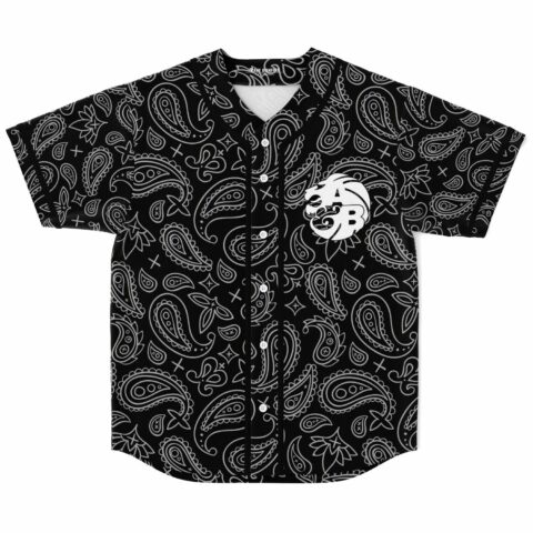 Black paisley bandana print baseball jersey with white lion and AB logo, front view