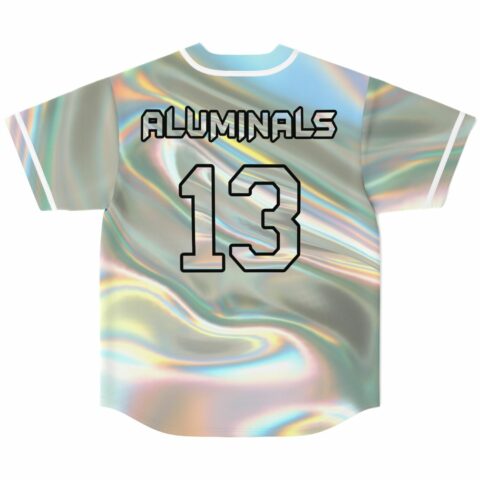 Back view of holographic jersey with Aluminals 13 printed in bold outline text