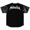 Black bass-inspired baseball jersey back view with MARAUDA horn logo across shoulders and swirl sleeves