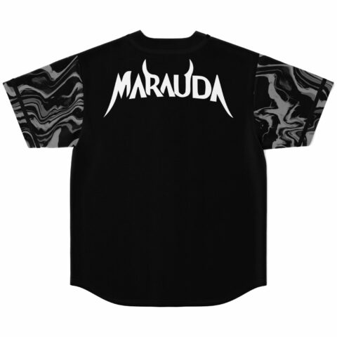 Black bass-inspired baseball jersey back view with MARAUDA horn logo across shoulders and swirl sleeves