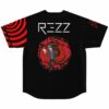 Back view of black jersey with dj-inspired graphic and red hypnotic swirl portal design