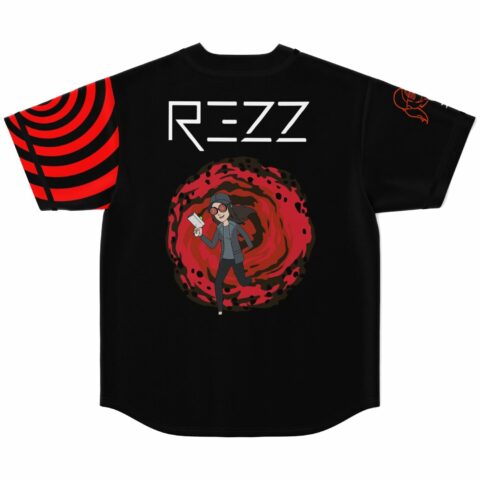 Back view of black jersey with dj-inspired graphic and red hypnotic swirl portal design