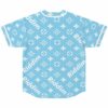 Back view of sky blue monogram rave jersey with diagonal Riddim lettering