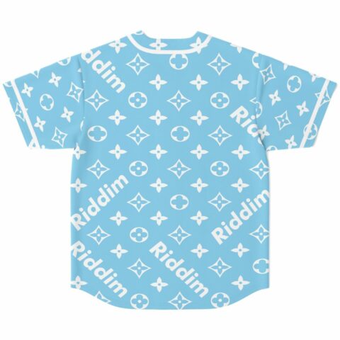 Back view of sky blue monogram rave jersey with diagonal Riddim lettering