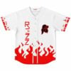 White rave baseball jersey with red flame print and goggles-mask logo front view