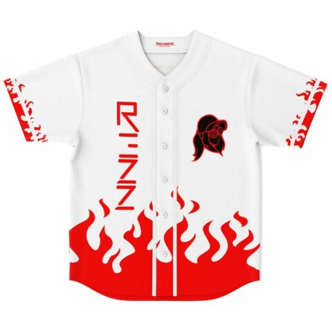 White rave baseball jersey with red flame print and goggles-mask logo front view