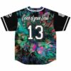 Back view of fluid paint rave baseball jersey, number 13, Color of your Soul text