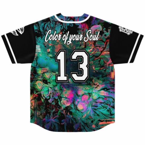 Back view of fluid paint rave baseball jersey, number 13, Color of your Soul text