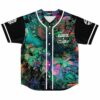 Front view of fluid paint rave baseball jersey with black sleeves, GRiZ x CloZee text