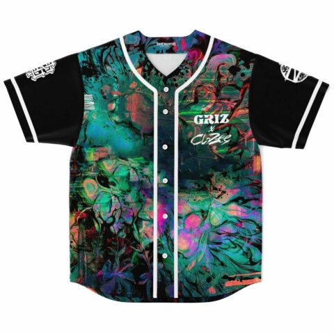 Front view of fluid paint rave baseball jersey with black sleeves, GRiZ x CloZee text