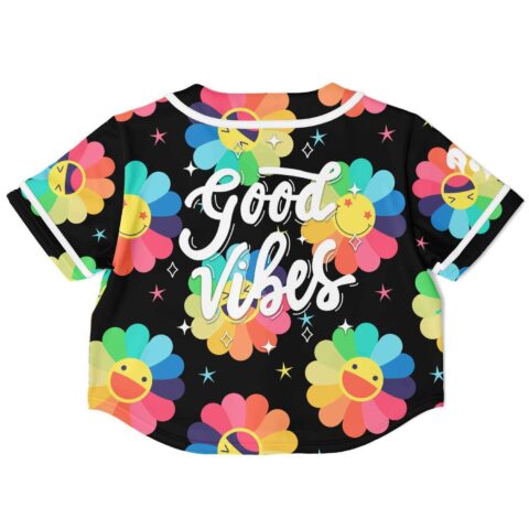 Black rave crop top with vibrant flowers and positive text, back view.
