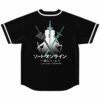 Black baseball jersey back with anime crossed swords graphic, Japanese text reading let's stay together