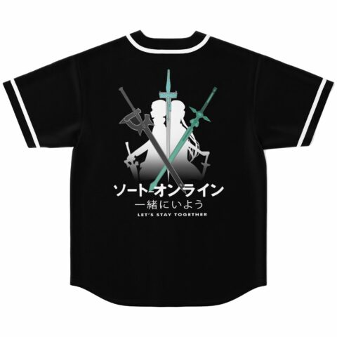Black baseball jersey back with anime crossed swords graphic, Japanese text reading let's stay together