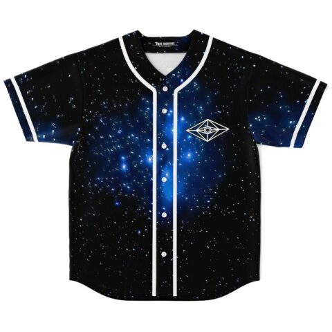 Black galaxy rave baseball jersey front view flat lay with diamond eye emblem