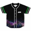 Front view of black rave baseball jersey with JSTJR text and green alien head sleeve
