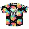 Back view of rainbow flower emoji jersey with Good Vibes script and star print