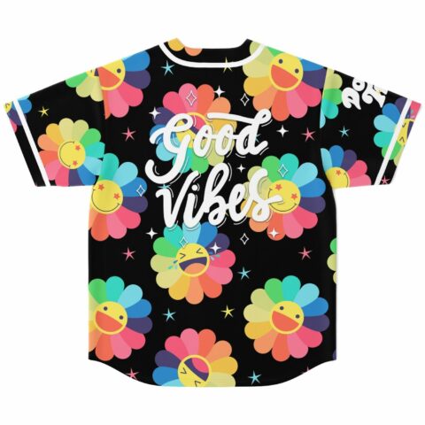 Back view of rainbow flower emoji jersey with Good Vibes script and star print