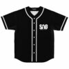Black baseball jersey with white piping and SAO scavenge slay survive chest print, front view