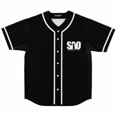 Black baseball jersey with white piping and SAO scavenge slay survive chest print, front view