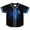 Winged pickle galaxy rave baseball jersey with green cartoon pickle on the chest over a black and royal blue starfield, front view
