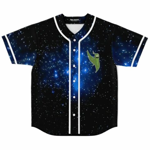 Deep space galaxy print baseball jersey with cartoon pickle creature front view