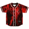 Red and black tie-dye rave baseball jersey with white roaring lion emblem front view