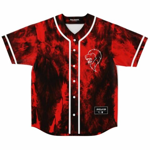 Red and black tie-dye rave baseball jersey with white roaring lion emblem front view