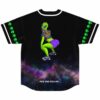 Back view of black rave baseball jersey with cartoon alien twerking over a galaxy fade