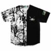Manga panel print baseball jersey with black split side and skull crest patch, laid flat