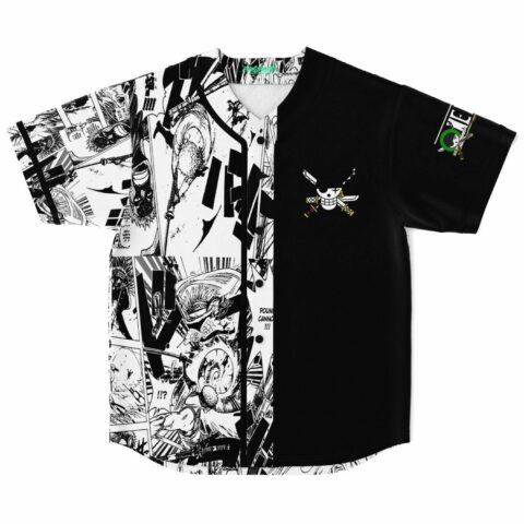 Manga panel print baseball jersey with black split side and skull crest patch, laid flat