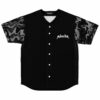 Black rave baseball jersey with grey marble swirl sleeves, white MARAUDA horned logo, front view