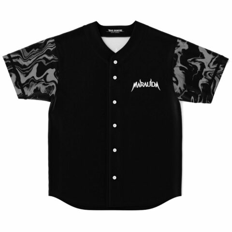Black rave baseball jersey with grey marble swirl sleeves, white MARAUDA horned logo, front view