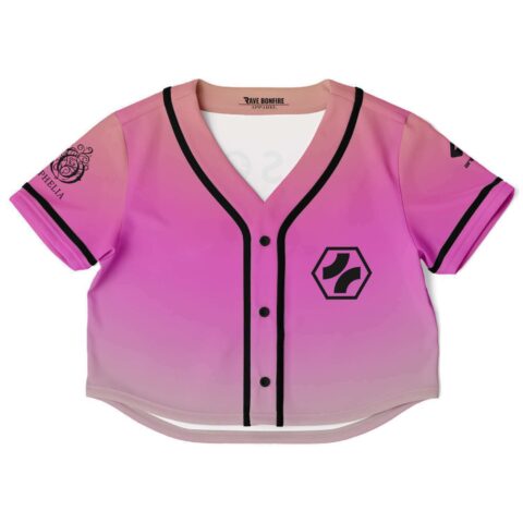 Front view of pink gradient custom rave crop top with black accents.