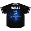 Back view of blue galaxy print jersey with HALEE and With You I'm Superhuman text