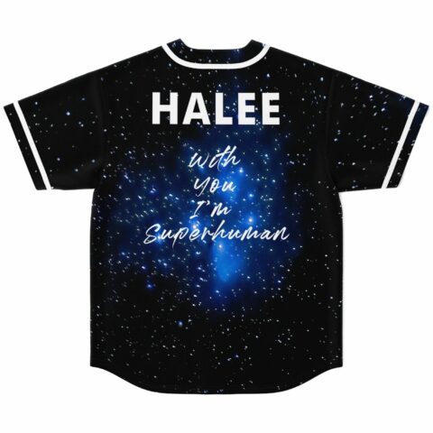 Back view of blue galaxy print jersey with HALEE and With You I'm Superhuman text