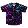 Black baseball jersey with neon pink and blue paint splatter print and diamond eye emblem