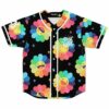Black rave baseball jersey with rainbow flower smiley faces and Good Vibes text on chest