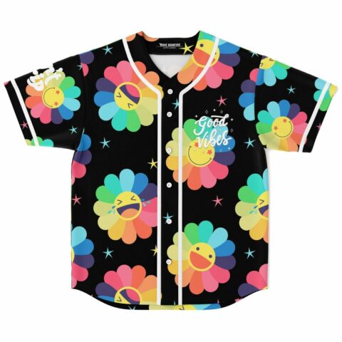 Black rave baseball jersey with rainbow flower smiley faces and Good Vibes text on chest