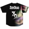 Black baseball jersey back view with Zeds Dead text and aurora borealis sleeve print