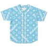 Sky blue monogram print rave baseball jersey with Riddim text front view