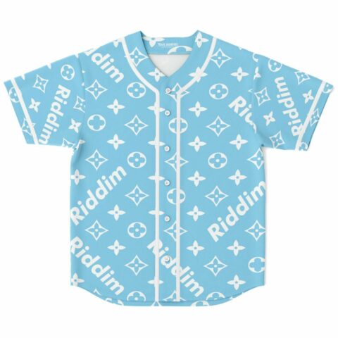 Sky blue monogram print rave baseball jersey with Riddim text front view