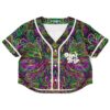 Psychedelic swirl rave cropped baseball jersey in black with a vibrant swirling pattern
