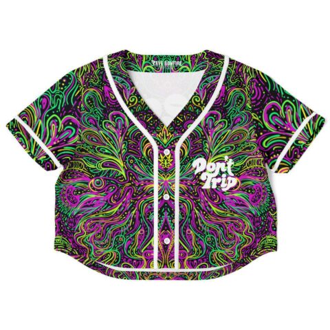 Black rave crop top with vibrant psychedelic swirling pattern.