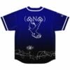 Royal blue baseball jersey with outline dove and scribble line art on back